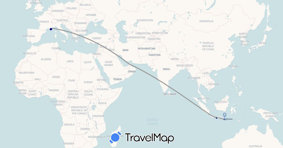 TravelMap itinerary: driving, bus, plane, cycling, hiking, boat in United Arab Emirates, France, Indonesia (Asia, Europe)